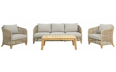 Studio image of Kettler Durban Lounge Set, featuring a 2-seat sofa and 2 armchairs with a teak frame and rope weave seating areas, and a slat top coffee table.