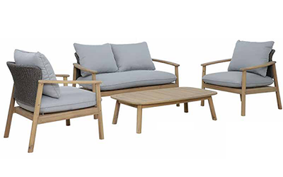 Studio image of Kettler Freeport Lounge Set, consisting of a 2 seat sofa, 2 lounge chairs and coffee table, with wooden frame, grey cushions and a weave chair back