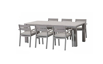 Studio image of Kettler Marina Dining Set, with 6 chairs with seat pads and rectangular dining table, in a pebble grey colourway