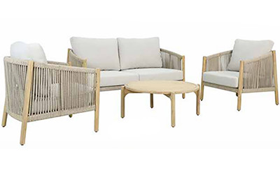 Kettler Naples Lounge Set, with 2-seat sofa, 2 chairs and a coffee table, wooden frame and rope weave seat backs, and cream cushions