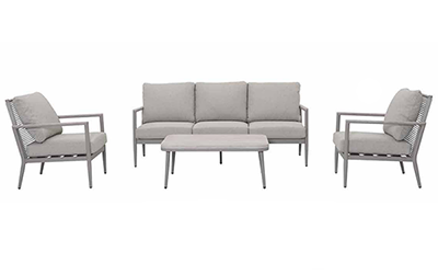 Studio image of Kettler Trento Lounge Set, consisting of a cushioned, rope backed 2-seat sofa and 2 armchairs, with coffee table, in a pebble grey colour.