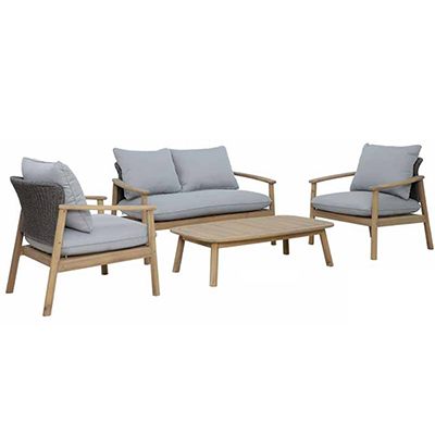 Studio image of Kettler Freeport Lounge Set, with a 2 seat sofa and 2 lounge chairs with weave backs and cushions in a grey colourway, with a wooden frame, and a wooden coffee table