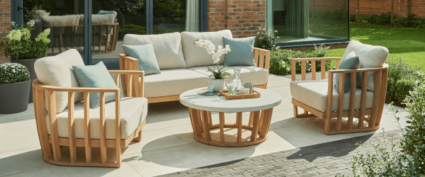 Kettler Fiji Lounge Set - a large barred wooden furniture set is leek and stylish. Having a beautifully decorated table, set out on a patio with deep cushions and ceramic effect top