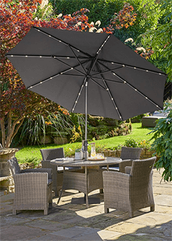 Open grey parasol with led lights, under a 4 seat weave dining set with round table and garden in background