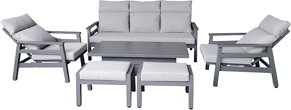 Leisure Grow 3 Seater Barcelona Lounge Set. The set consists of a 3-seat sofa, 2 reclining lounge chairs, 2 stools and an adjustable table. The colourway of the Barcelona range is a mid-grey metal and light grey cushions.