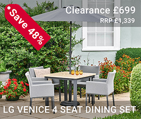 The LG Venice 4 Seater set, with a wood-effect table top and 4 upholstered chairs. Complete with parasol