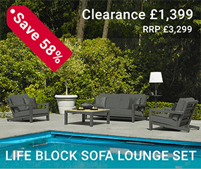 The luxurious LIFE Block sofa lounge. Featuring back legs that stick out from the rear giving you a relaxing sitting angle to enjoy your surroundings. Cmplete with square coffe table, 2 seat sofa and 2 lounge chairs