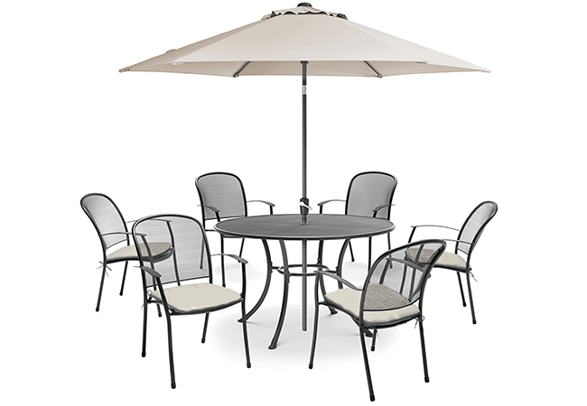 Image of Kettler Caredo 6 Seater Round Dining Set with Parasol in Stone