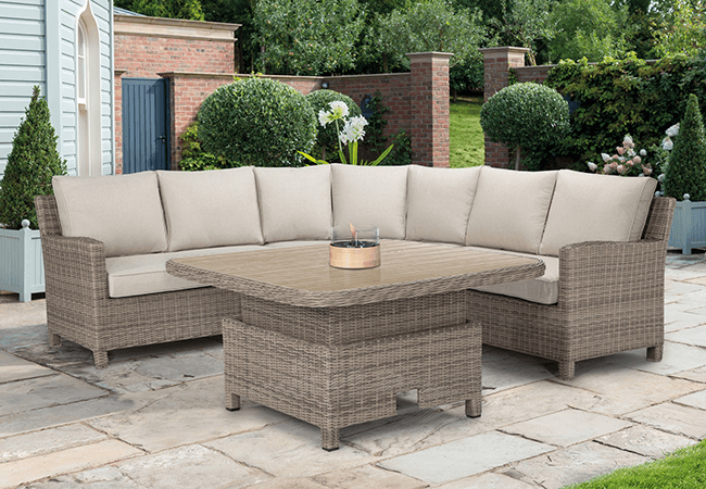 Image of Kettler Palma Grande Corner Set with Slat Top High/Low Table and Signature Cushions in Oyster/Stone