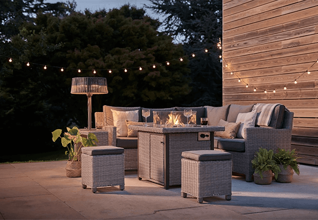 Image of Kettler Palma Signature Mini Corner Fire Pit Set in White Wash / Taupe