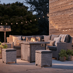 Small Image of Kettler Palma Signature Mini Corner Fire Pit Set in White Wash / Taupe