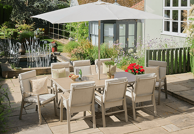 Image of LG Sorrento 8 Seat Dining Set with Deluxe 3x2m Parasol