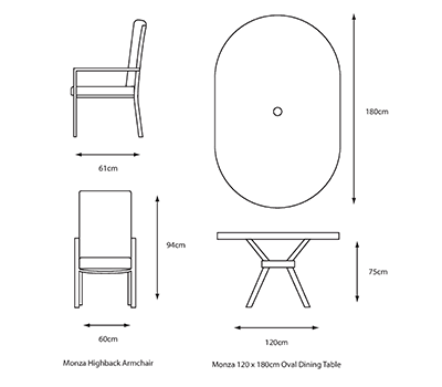 Monza 6 Seat Oval Set dimensions image