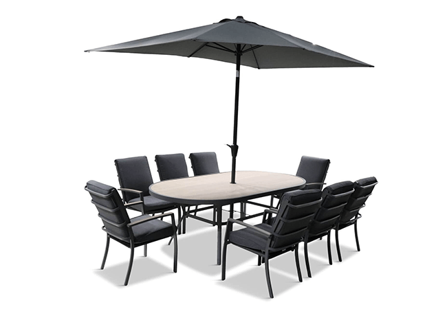 Image of LG Monza 8 Seat Oval Set with Lazy Susan, Highback Armchairs and 2.0m x 3.0m Parasol