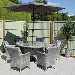 Image of LG Monaco Stone 6 Seat Dining Set with 2.7m Parasol in Pebble / Ash