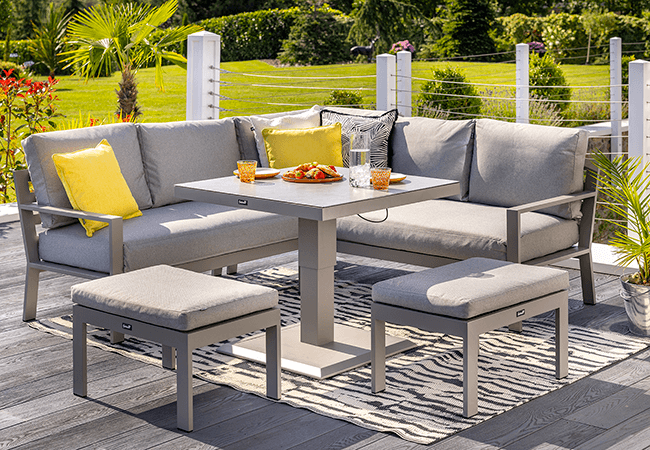 Image of Hartman Rio Square Corner Sofa Set with Adjustable Table and Stools in Taupe and Pewter