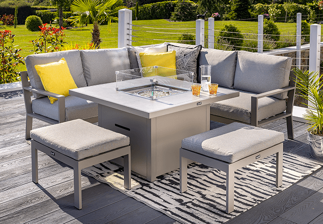 Image of Hartman Rio Square Corner Sofa Set with Gas Fire Pit Table & Lounge Chairs in Taupe and Pewter