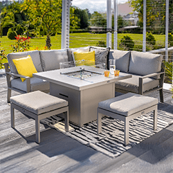 Small Image of Hartman Rio Square Corner Sofa Set with Gas Fire Pit Table & Lounge Chairs in Taupe and Pewter