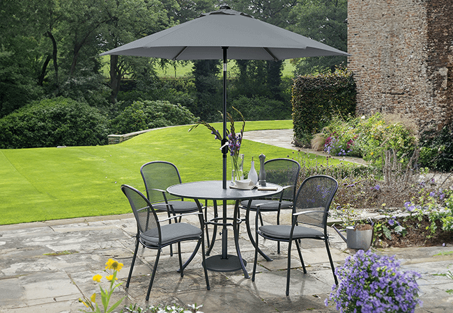 Image of Kettler Caredo 4 Seater Round Dining Set with Parasol in Slate