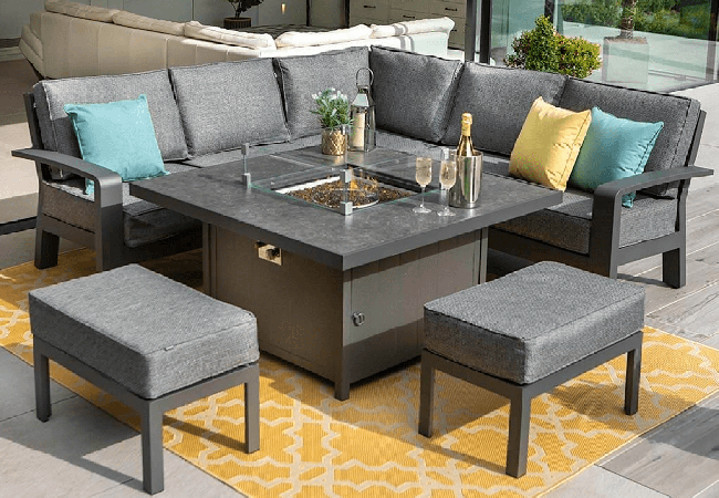 Image of Hartman Aurora Square Corner Sofa Set with Fire Pit Table and Benches  - Xerix/Zenith