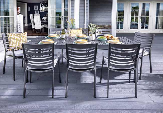 Image of Hartman Orion 8 Seat Rectangular Dining Set in Matt Grey/Platinum