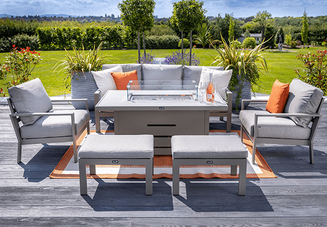 Image of Hartman Rio 3 Seat Lounge Set with Gas Fire Pit Table in Taupe and Pewter