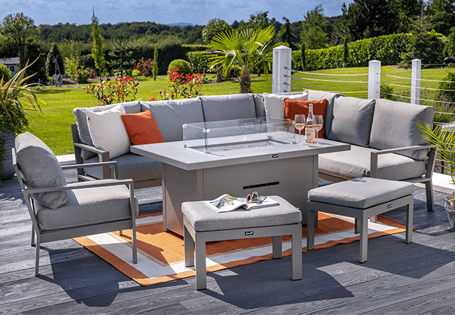 Image of Hartman Rio Rectangular Corner Sofa Set with Gas Fire Pit Table in Taupe and Pewter