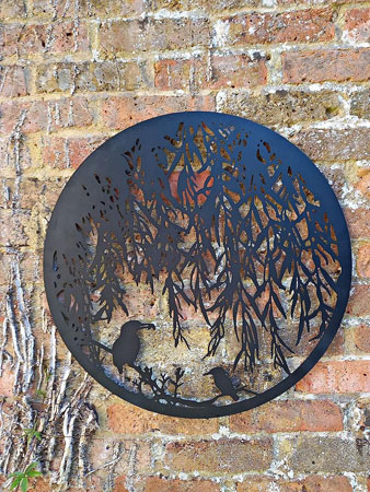 Image of Black Steel Wall Art Of Kingfishers Under A Willow Tree - 60cm dia.