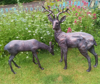 Image of Stag and Doe Deer Set Garden Sculptures - Hand Cast in Aluminium