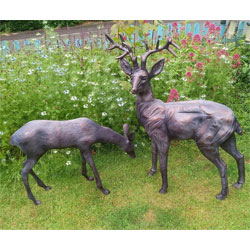 Small Image of Stag and Doe Deer Set Garden Sculptures - Hand Cast in Aluminium